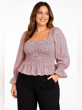 Who What Wear Puff Sleeve Smocked Peplum Top Square Neck Pink Women's Plus 1X